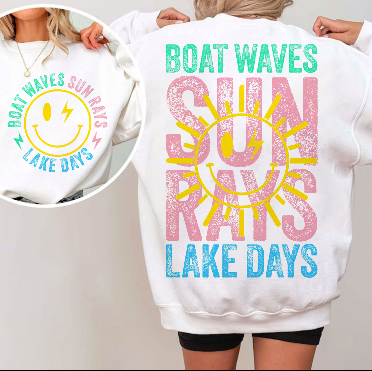 Sun rays boat waves graphic t-shirt
