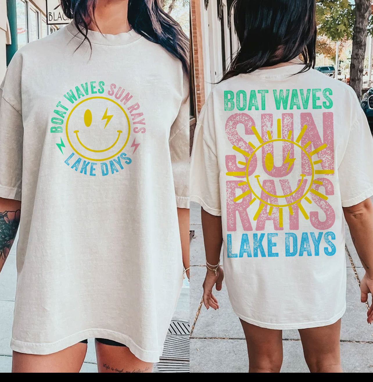 Sun rays boat waves graphic t-shirt