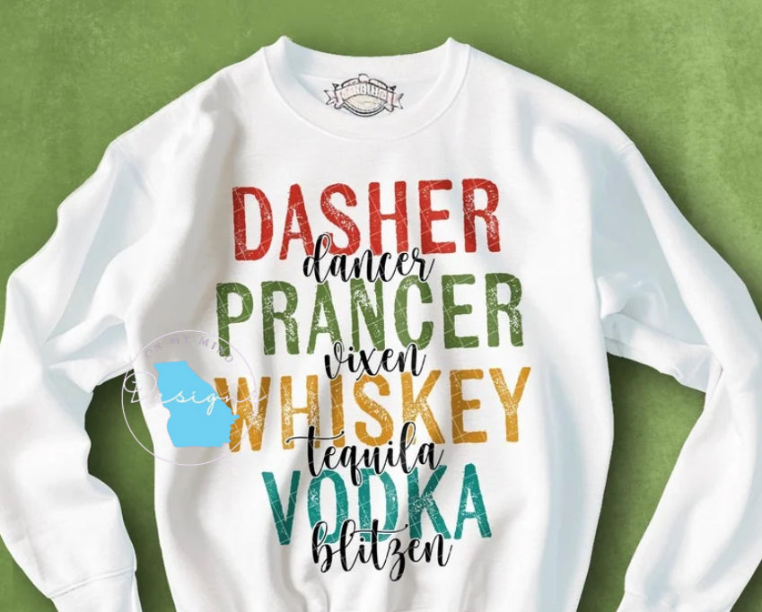 Dasher Dancer whiskey vodkas funny winter graphic tee