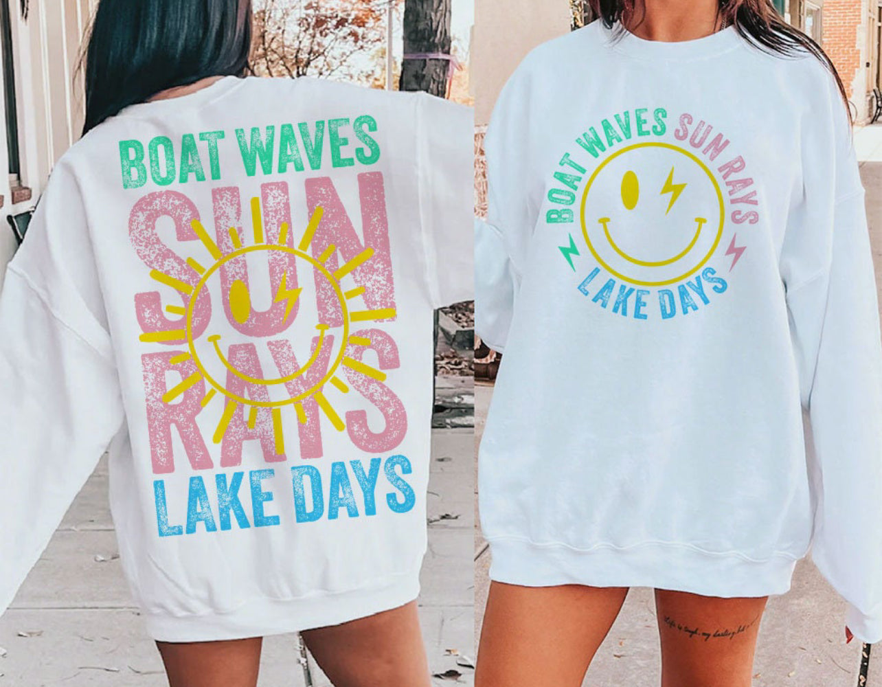 Sun rays boat waves graphic t-shirt