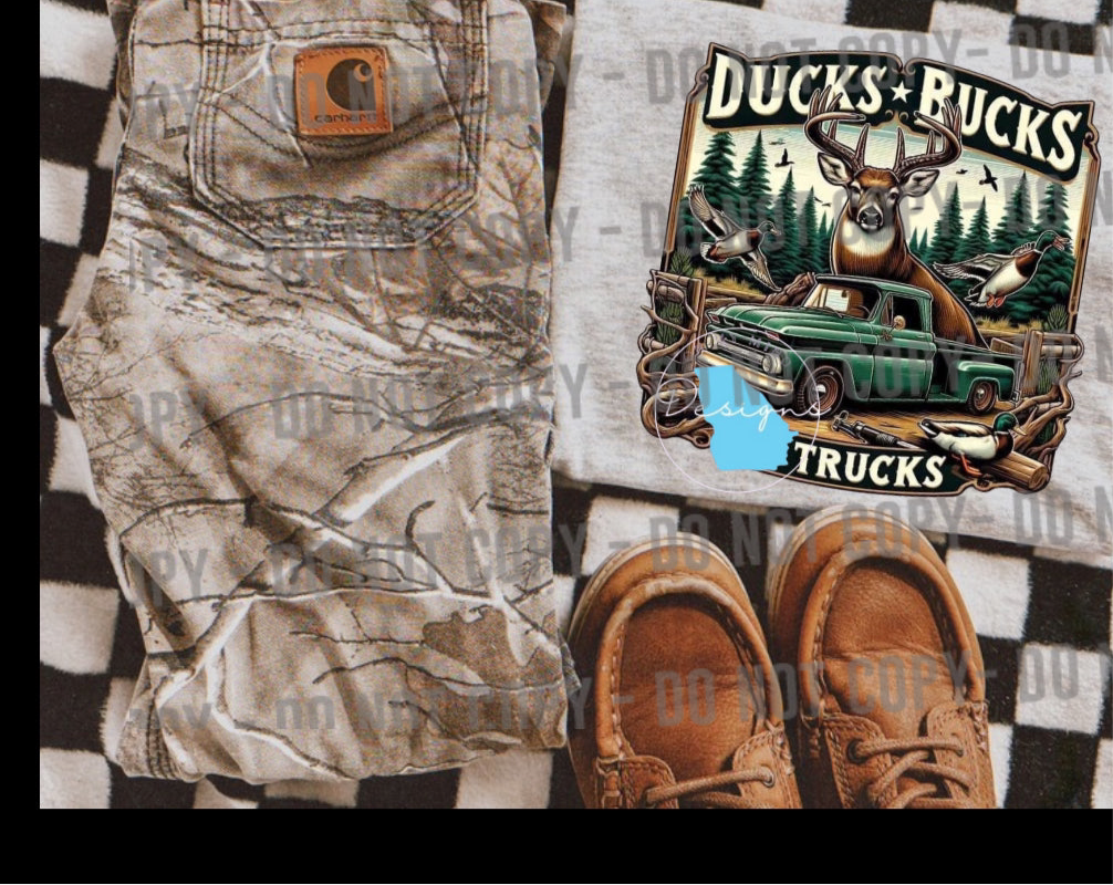 Ducks bucks and trucks hunting kids graphic t-shirt