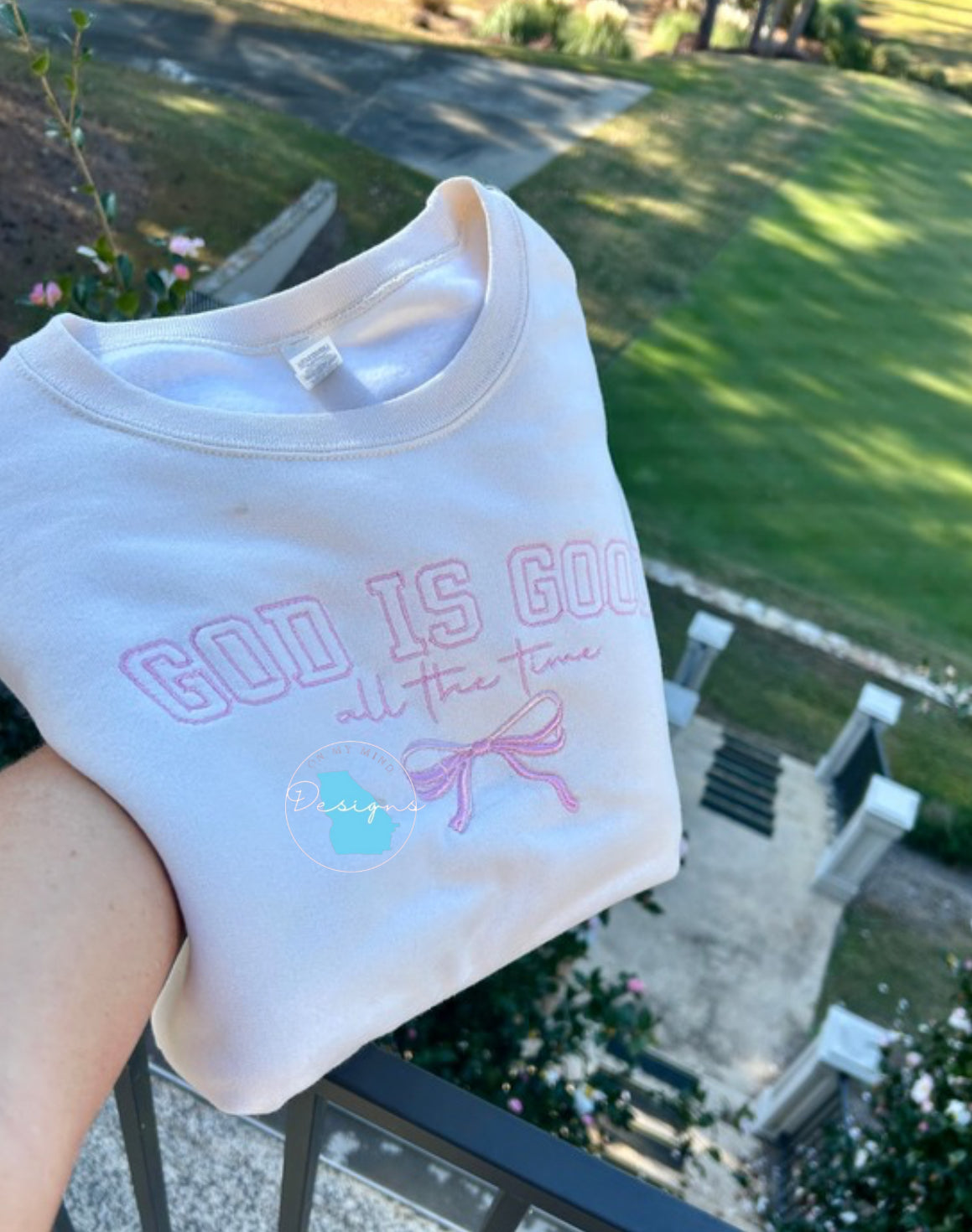 God is good all the time embroidered crewneck