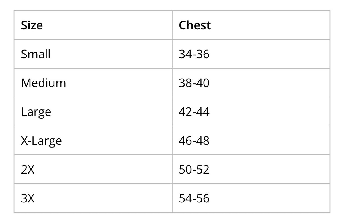 Adult camo shirt chest size chart Small through 3XL