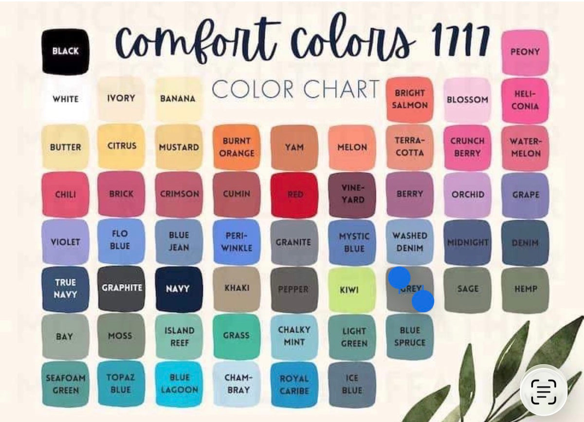 Comfort Colors 1717 shirt color chart