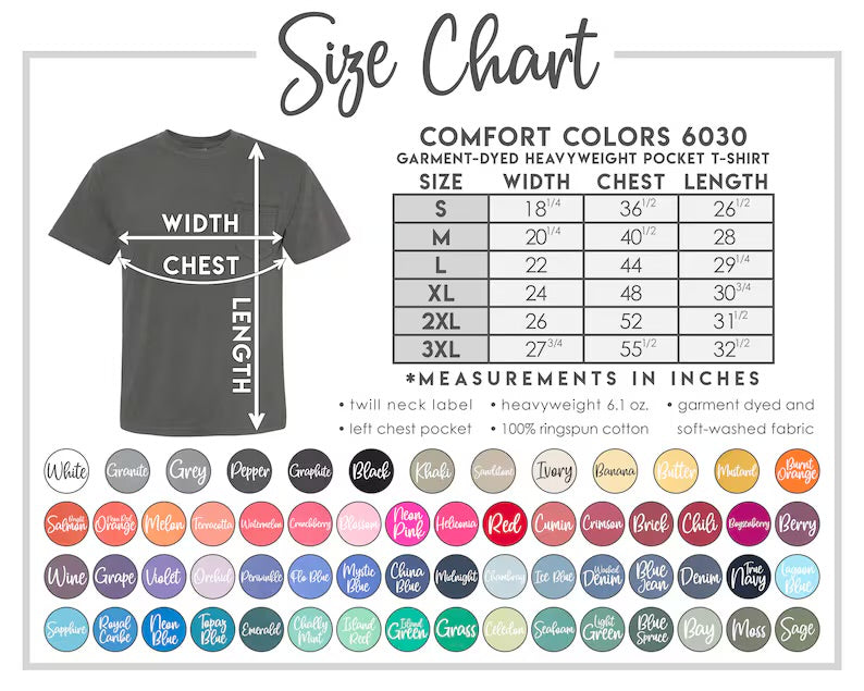 Comfort Colors T-shirt size and color chart