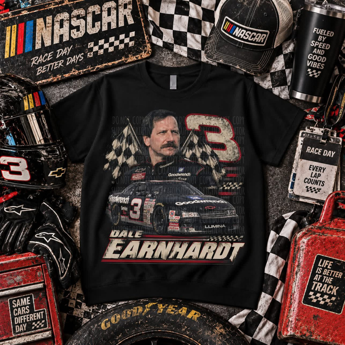 Black Dale Earnhardt No. 3 graphic T-shirt with checkered flags and vintage race car artwork