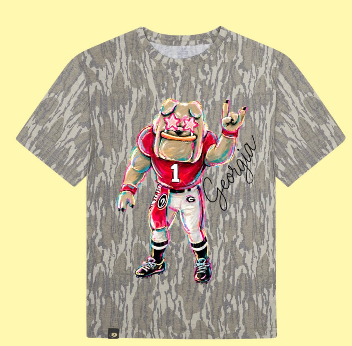 Georgia bulldog star glasses game day graphic on a camouflage short sleeve shirt