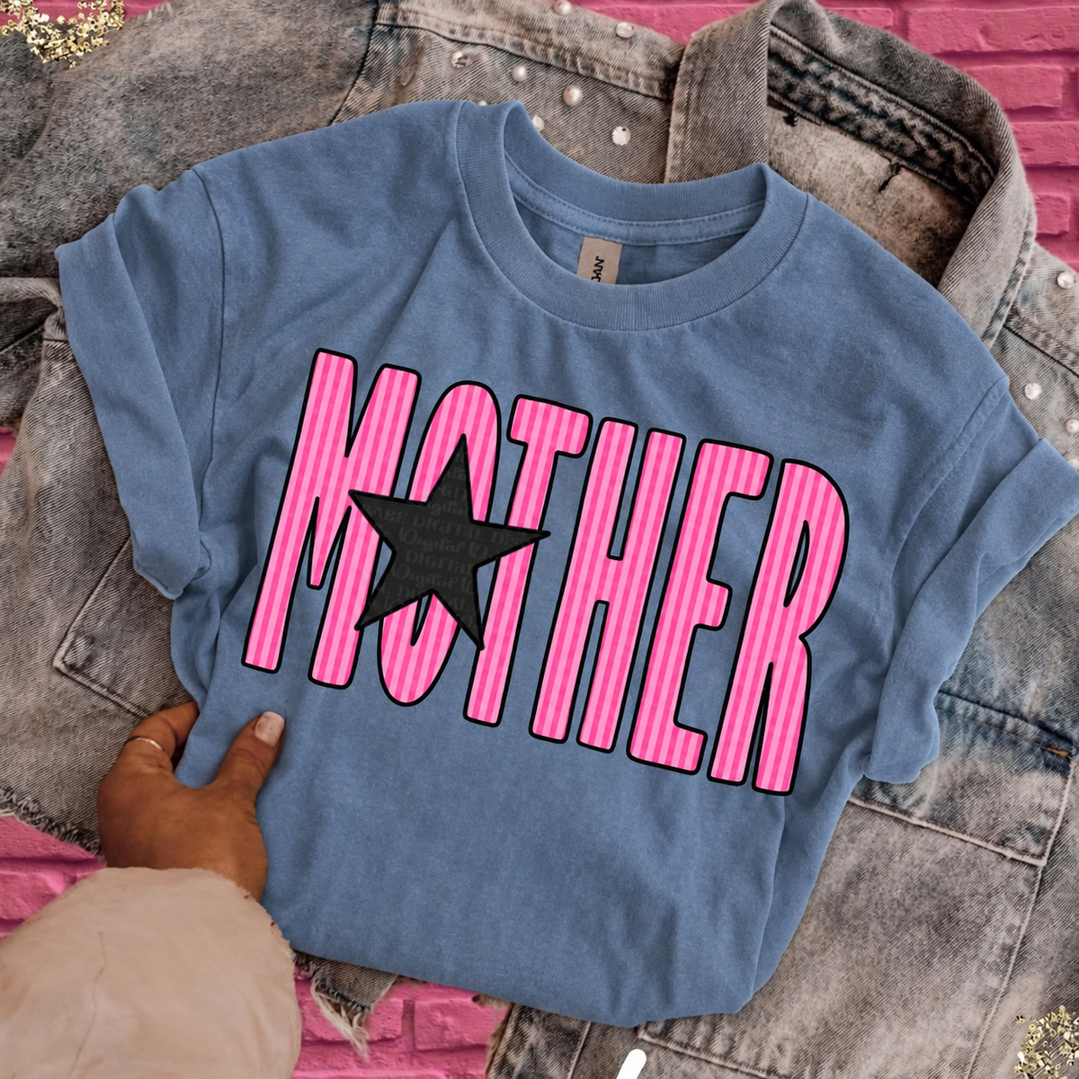 Blue Jean Comfort Colors MOTHER shirt with pink striped lettering and black star