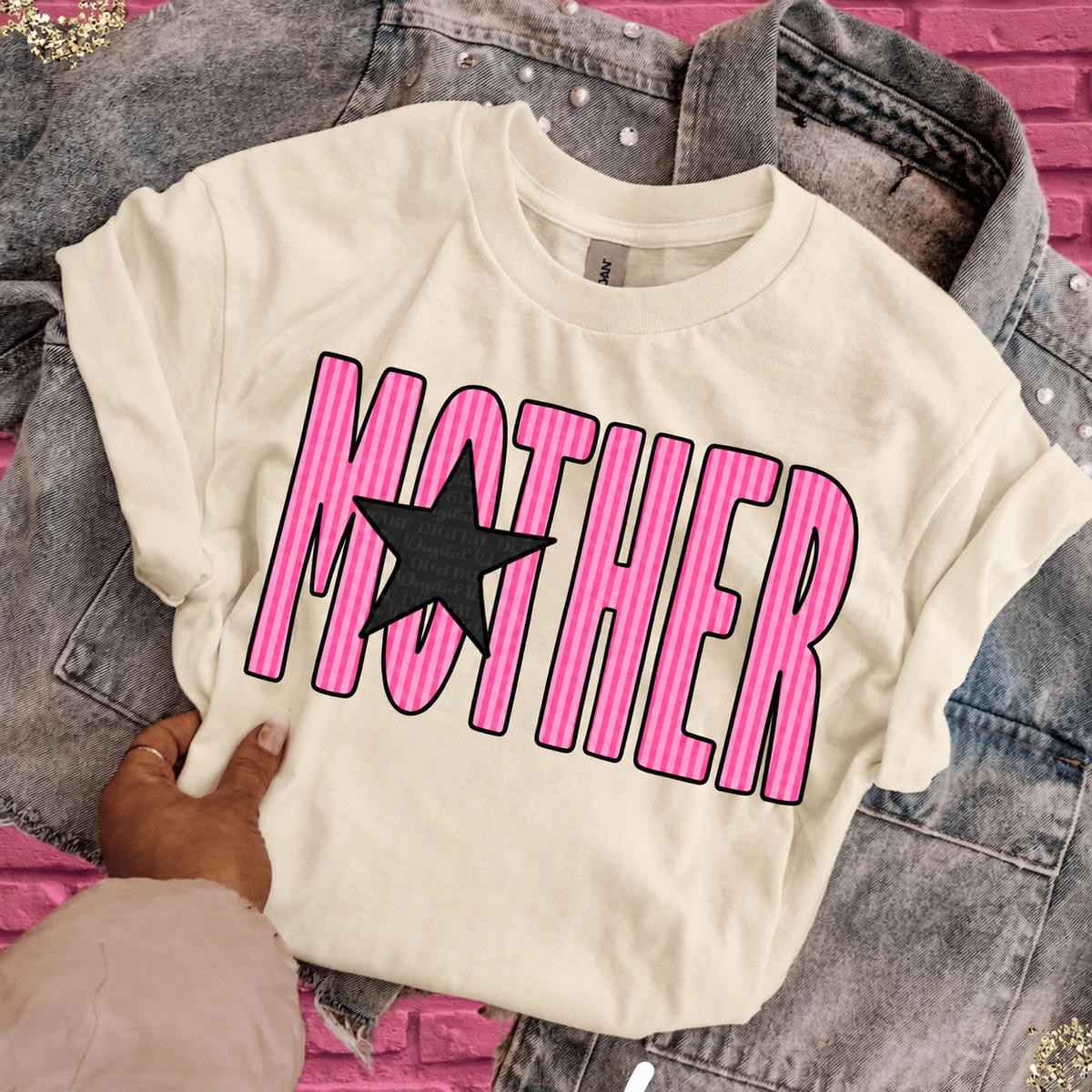 Ivory Comfort Colors MOTHER shirt with pink striped lettering and black star
