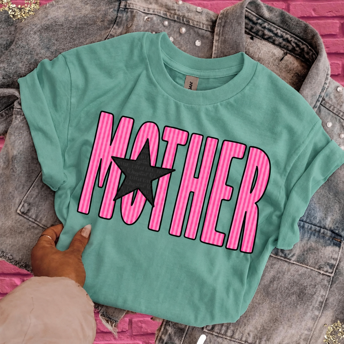 Seafoam Green Comfort Colors MOTHER shirt with pink striped lettering and black star